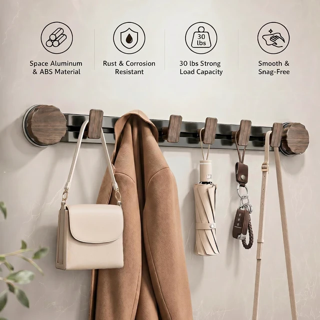 Alt view image 3 of 7 - Grey, Bathroom, Reusable Wall Mounted Rack for Entryway, No Drill Coat Hooks with 6 Adjustable Hooks, Suction Cup Wall Coat Rack