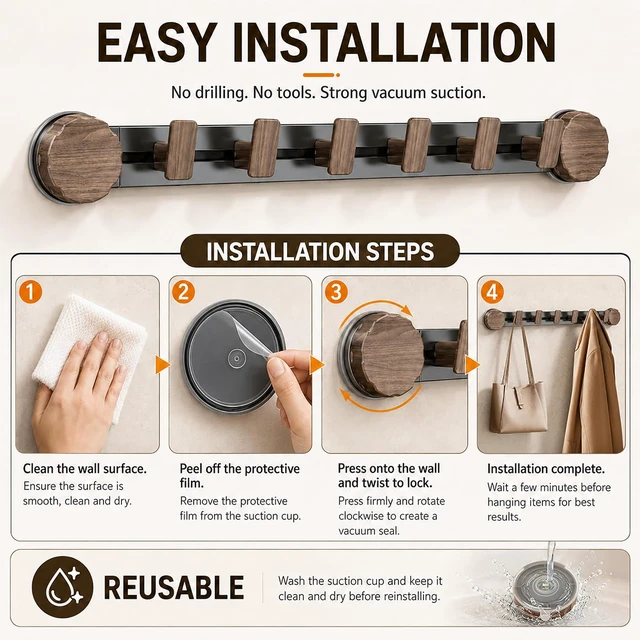 Alt view image 7 of 7 - Grey, Bathroom, Reusable Wall Mounted Rack for Entryway, No Drill Coat Hooks with 6 Adjustable Hooks, Suction Cup Wall Coat Rack