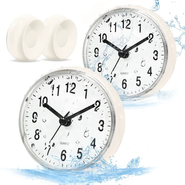 Main image of 2PC), Bedroom (White, Kitchen, Battery Operated Wall Clock for Toilet, Water Proof, Waterproof Bathroom Shower Clock with Large Suction Cup - Silent