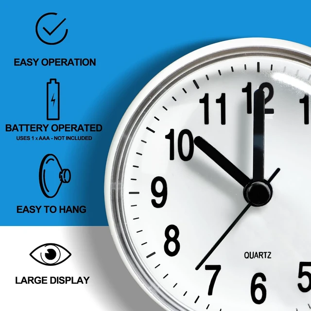 Alt view image 5 of 6 - 2PC), Bedroom (White, Kitchen, Battery Operated Wall Clock for Toilet, Water Proof, Waterproof Bathroom Shower Clock with Large Suction Cup - Silent