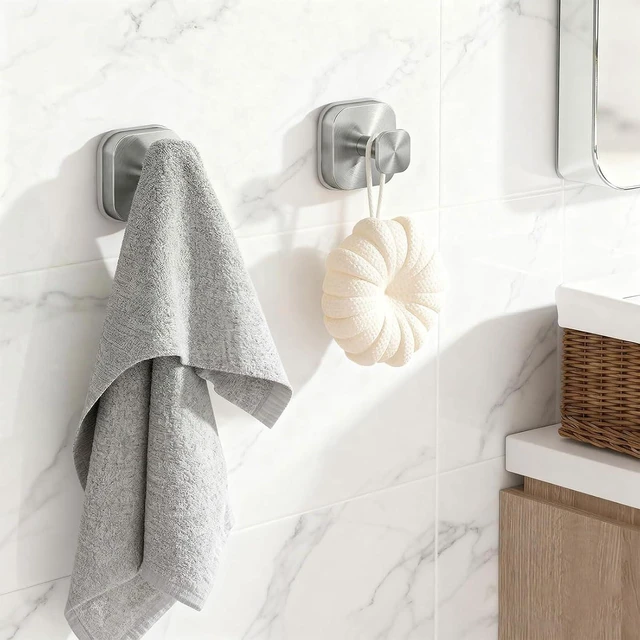 Alt view image 2 of 7 - NoDrill Bathroom Hooks for Towel & Loofah, Suction Cup Hooks for Shower