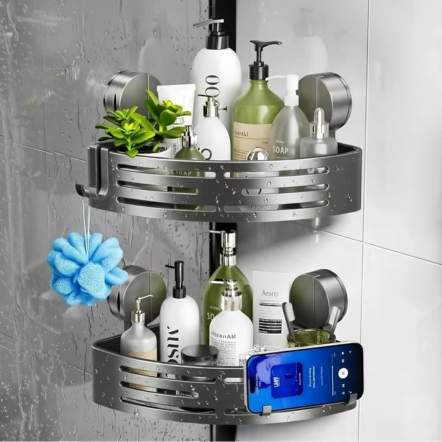 Main image of Apartment Dorm Rv Bathroom Rental Shower, Bathroom Organizers & Storage With Hooks, No Drilling Removable, Waterproof Rustproof, Bathroom Corner Hanging Shelves, 2 Pack Corner Shower Caddy Suction Cup