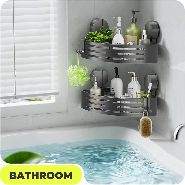 Alt view image 6 of 7 - Apartment Dorm Rv Bathroom Rental Shower, Bathroom Organizers & Storage With Hooks, No Drilling Removable, Waterproof Rustproof, Bathroom Corner Hanging Shelves, 2 Pack Corner Shower Caddy Suction Cup