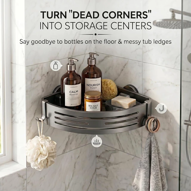 Alt view image 2 of 7 - Removable Bathroom Storage Corner Shelf(Grey), No-Drilling Upgrade Bionic Suction Cup Shower Organizer, Rustproof Aluminum Shower Shelves with Hooks, Corner Shower Caddy Suction Cup