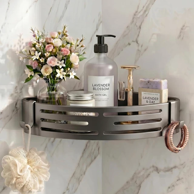 Main image of Removable Bathroom Storage Corner Shelf(Grey), No-Drilling Upgrade Bionic Suction Cup Shower Organizer, Rustproof Aluminum Shower Shelves with Hooks, Corner Shower Caddy Suction Cup