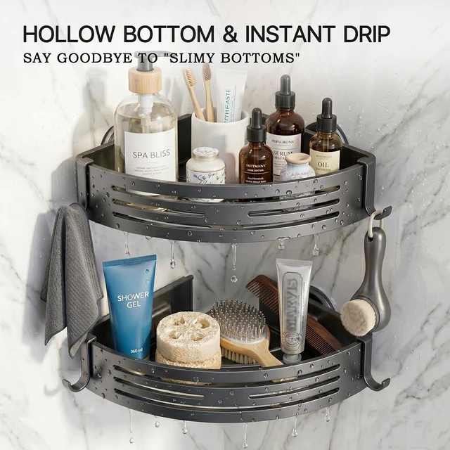 Alt view image 3 of 7 - Removable Bathroom Storage Corner Shelf(Grey), No-Drilling Upgrade Bionic Suction Cup Shower Organizer, Rustproof Aluminum Shower Shelves with Hooks, Corner Shower Caddy Suction Cup
