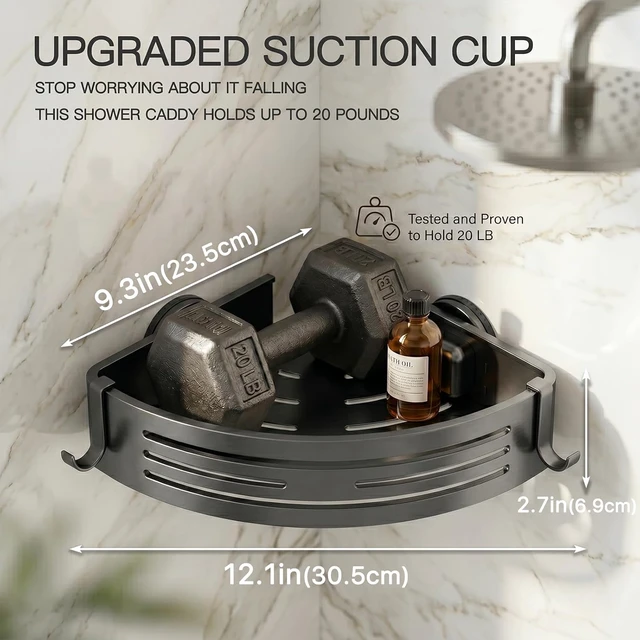 Alt view image 5 of 7 - Removable Bathroom Storage Corner Shelf(Grey), No-Drilling Upgrade Bionic Suction Cup Shower Organizer, Rustproof Aluminum Shower Shelves with Hooks, Corner Shower Caddy Suction Cup