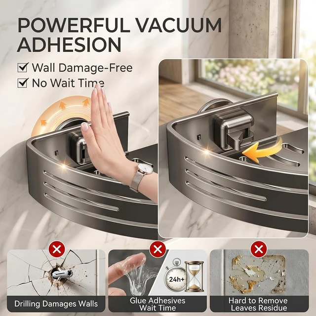 Alt view image 4 of 7 - Removable Bathroom Storage Corner Shelf(Grey), No-Drilling Upgrade Bionic Suction Cup Shower Organizer, Rustproof Aluminum Shower Shelves with Hooks, Corner Shower Caddy Suction Cup