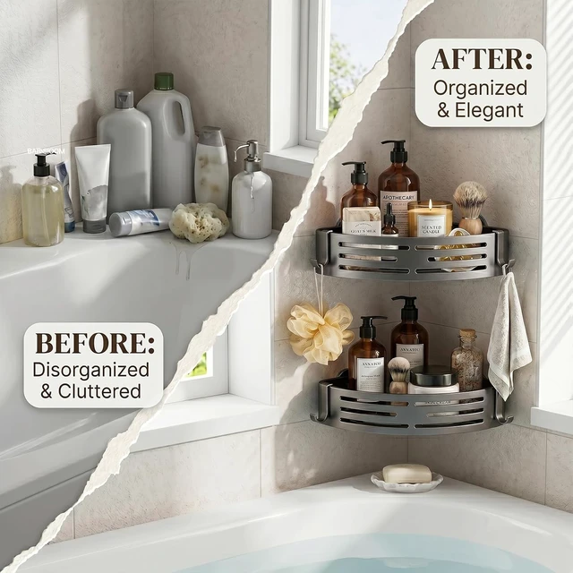 Alt view image 6 of 7 - Removable Bathroom Storage Corner Shelf(Grey), No-Drilling Upgrade Bionic Suction Cup Shower Organizer, Rustproof Aluminum Shower Shelves with Hooks, Corner Shower Caddy Suction Cup