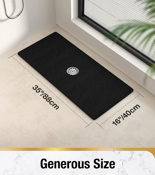 Alt view image 2 of 7 - Black, Bathroom Accessories, Quick Drying Stall Floor Mat, Soft Loofah-Style Bathtub Mat Without Suction Cup, 35 x 16 Inch Non Slip Bath Mat for Textured Tub, Shower Mat with Center Drain Hole