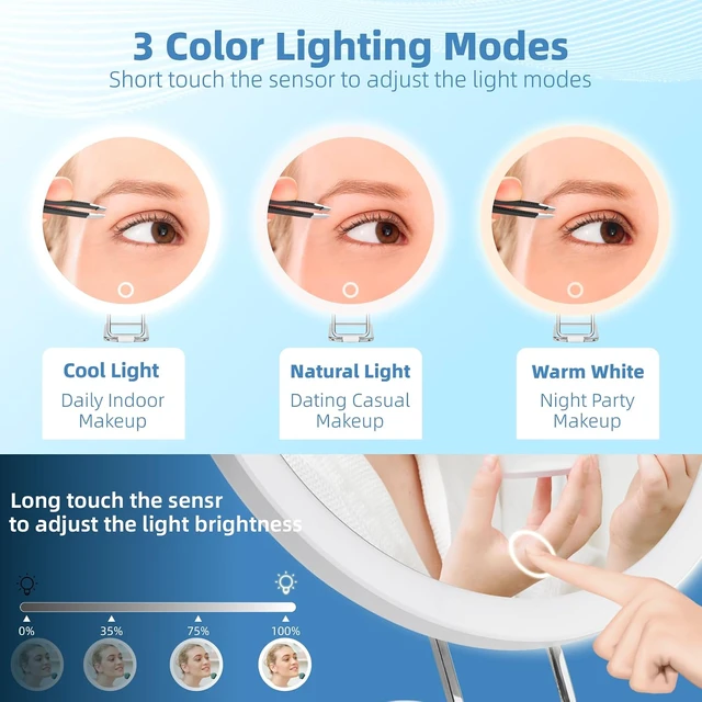 Alt view image 2 of 7 - 20X Magnifying Mirror w/ LightLighted Magnifying Mirror w/ 3 Suction Cups & 360° StandRechargeable 3 Colors Dimming Vanity Mirror6inch Large Tabletop Makeup Mirror w/ Tweezers & Scissors