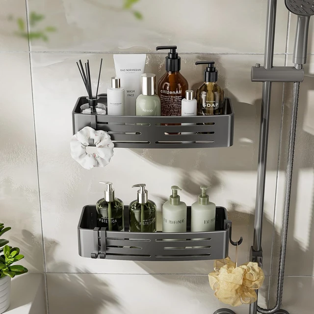 Alt view image 4 of 7 - Waterproof Rustproof Shower Bathroom Accessories Decor(Gray), Large Capacity Bathroom Organizers and Storage, 2 Pack Shower Shelves with Hooks No Drilling Removable, Shower Caddy Suction Cup