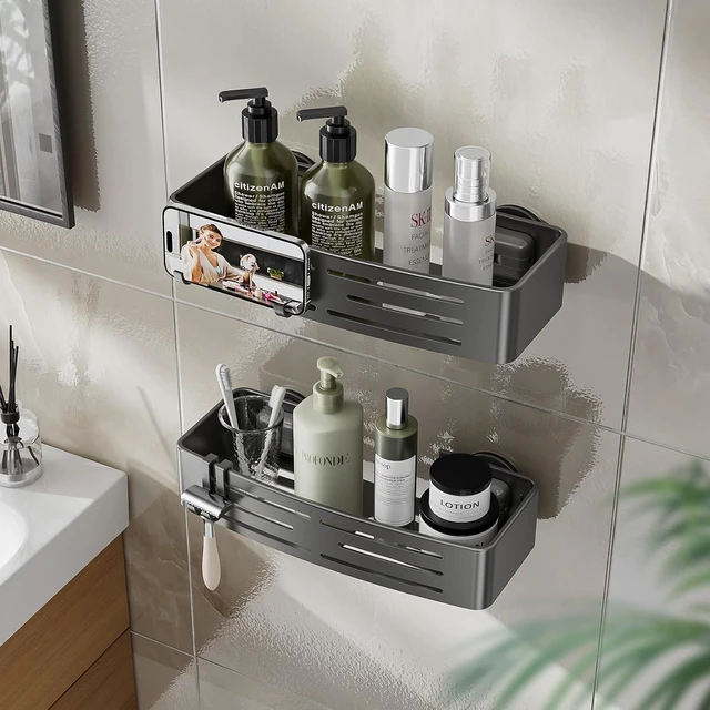 Alt view image 7 of 7 - Waterproof Rustproof Shower Bathroom Accessories Decor(Gray), Large Capacity Bathroom Organizers and Storage, 2 Pack Shower Shelves with Hooks No Drilling Removable, Shower Caddy Suction Cup