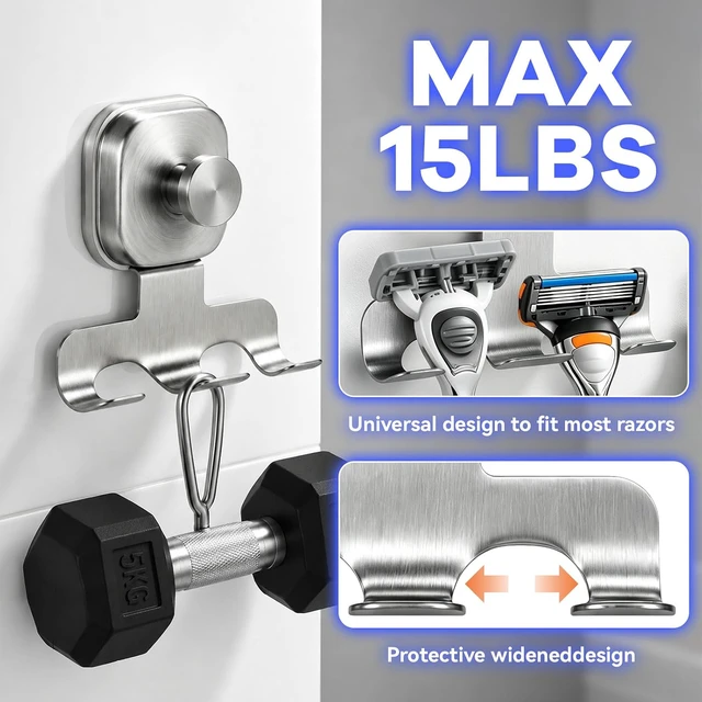 Alt view image 3 of 6 - Towel Hanger, No-Drill Shower Hooks for Shaver, Suction Cup Razor Holder
