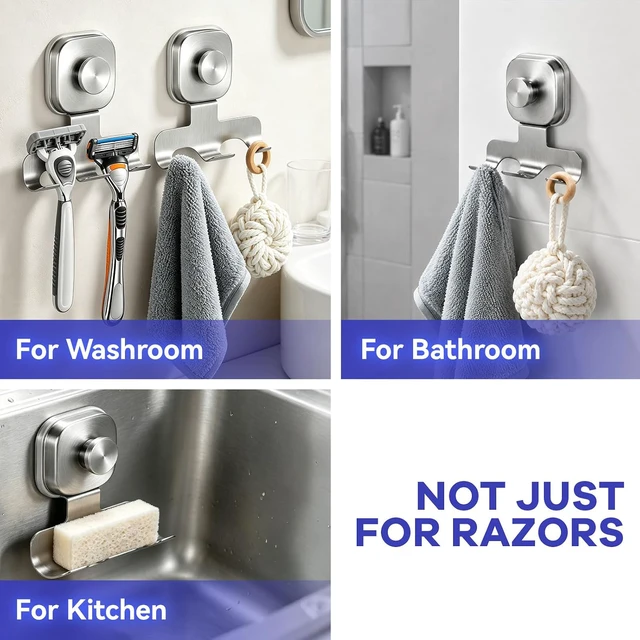 Alt view image 4 of 6 - Towel Hanger, No-Drill Shower Hooks for Shaver, Suction Cup Razor Holder