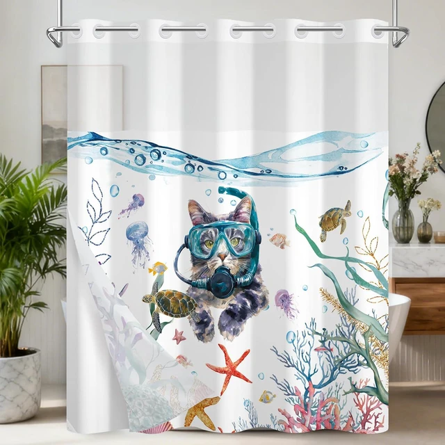 Main image of 71x74 Inches, Cute Diving Cat Nautical Bath Curtain, Funny Shower Curtains for Bathroom, Waterproof Kids Shower Curtain with Snap in Liner and Mesh Top Window, Ocean No Hook Cat Funny Shower Curtain