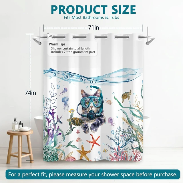 Alt view image 2 of 7 - 71x74 Inches, Cute Diving Cat Nautical Bath Curtain, Funny Shower Curtains for Bathroom, Waterproof Kids Shower Curtain with Snap in Liner and Mesh Top Window, Ocean No Hook Cat Funny Shower Curtain