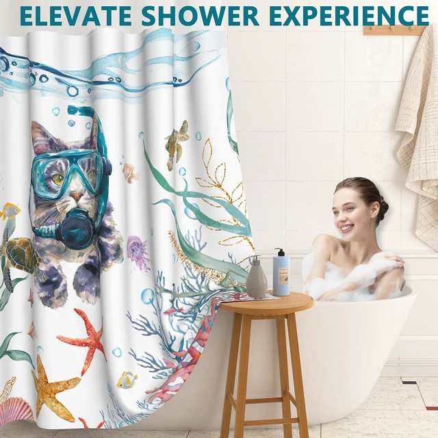 Alt view image 6 of 7 - 71x74 Inches, Cute Diving Cat Nautical Bath Curtain, Funny Shower Curtains for Bathroom, Waterproof Kids Shower Curtain with Snap in Liner and Mesh Top Window, Ocean No Hook Cat Funny Shower Curtain