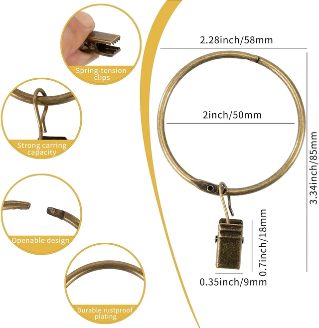 Alt view image 2 of 6 - Heavy Duty Rustproof Metal Decorative Vintage Drapery Rings Curtain Clips Rod Hangers Door Curtain and Shower Curtain Rings Bronze, 2inch Inner Diameter, Openable Curtain Rings with Clips
