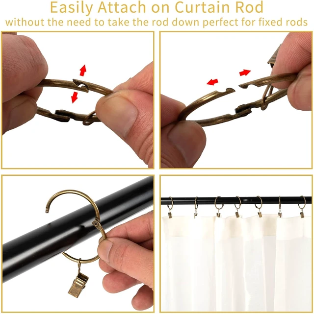 Alt view image 4 of 6 - Heavy Duty Rustproof Metal Decorative Vintage Drapery Rings Curtain Clips Rod Hangers Door Curtain and Shower Curtain Rings Bronze, 2inch Inner Diameter, Openable Curtain Rings with Clips