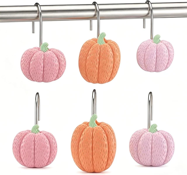 Main image of 12 Pcs Pink Pumpkin Fall Shower Curtain Hooks Bathroom Decor
