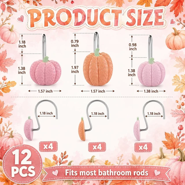 Alt view image 2 of 6 - 12 Pcs Pink Pumpkin Fall Shower Curtain Hooks Bathroom Decor