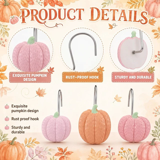 Alt view image 3 of 6 - 12 Pcs Pink Pumpkin Fall Shower Curtain Hooks Bathroom Decor