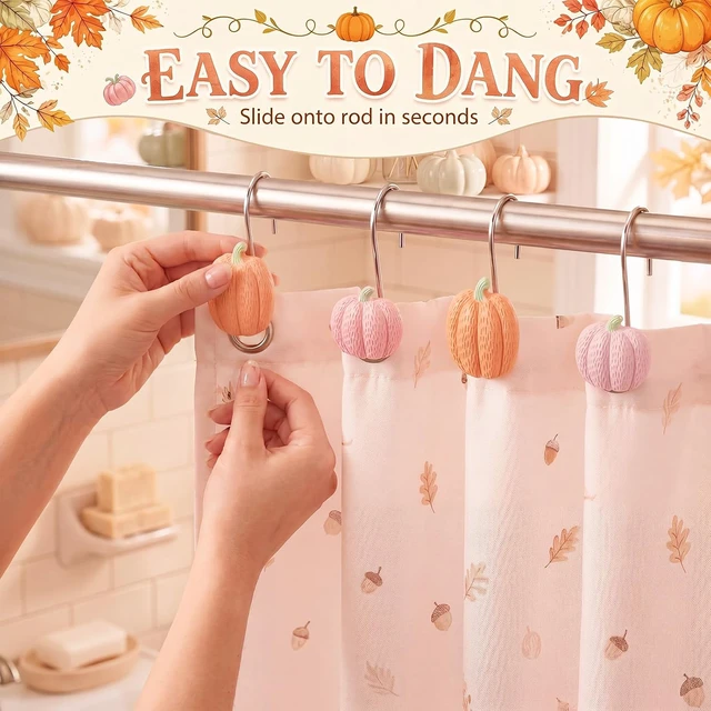 Alt view image 4 of 6 - 12 Pcs Pink Pumpkin Fall Shower Curtain Hooks Bathroom Decor