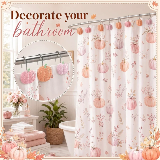 Alt view image 5 of 6 - 12 Pcs Pink Pumpkin Fall Shower Curtain Hooks Bathroom Decor