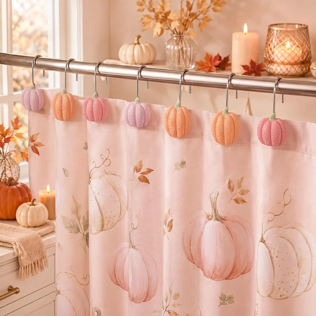 Alt view image 6 of 6 - 12 Pcs Pink Pumpkin Fall Shower Curtain Hooks Bathroom Decor