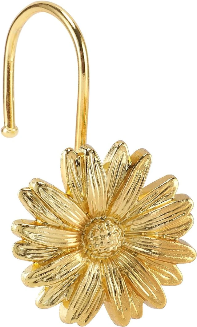 Main image of Bathroom Daisy Flowers Heavy Duty Design Beautiful Floral Decoration (Gold), Set of 12, Rust-Resistant Hooks for Shower Curtain Rods, Metal Daisy Shower Curtain Hooks