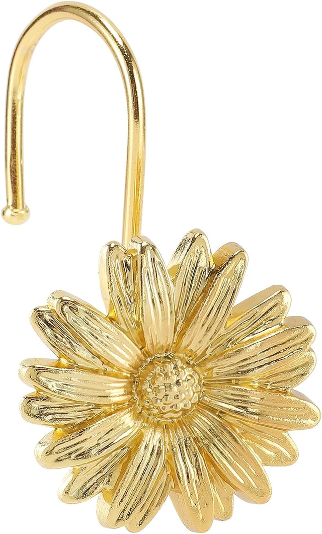 Alt view image 2 of 7 - Bathroom Daisy Flowers Heavy Duty Design Beautiful Floral Decoration (Gold), Set of 12, Rust-Resistant Hooks for Shower Curtain Rods, Metal Daisy Shower Curtain Hooks