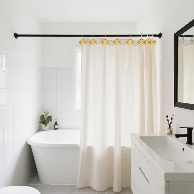 Alt view image 6 of 7 - Bathroom Daisy Flowers Heavy Duty Design Beautiful Floral Decoration (Gold), Set of 12, Rust-Resistant Hooks for Shower Curtain Rods, Metal Daisy Shower Curtain Hooks