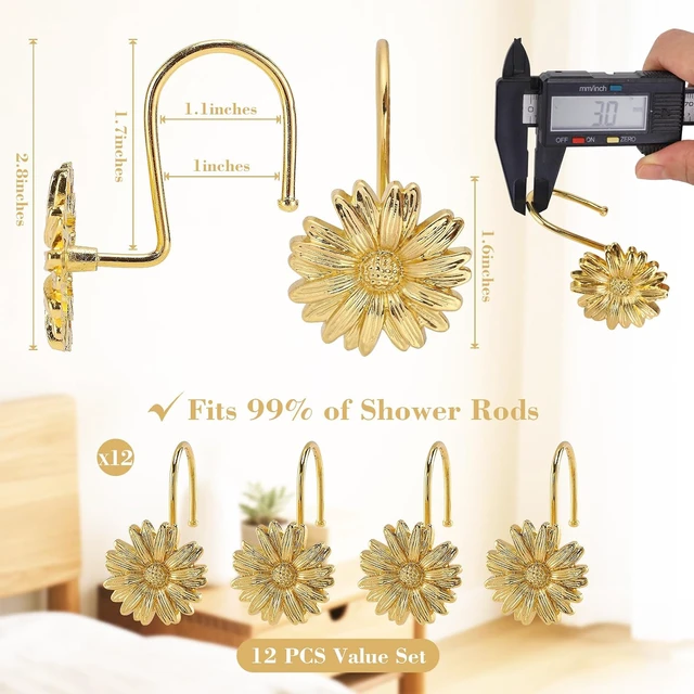 Alt view image 4 of 7 - Bathroom Daisy Flowers Heavy Duty Design Beautiful Floral Decoration (Gold), Set of 12, Rust-Resistant Hooks for Shower Curtain Rods, Metal Daisy Shower Curtain Hooks