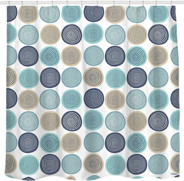 Main image of Abstract Tree Rings Woody Artistic Fabric Shower Curtain. Nature Pale Blue Teal Beige Light Brown