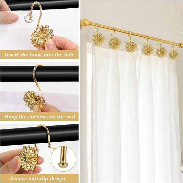 Alt view image 7 of 7 - Bathroom Daisy Flowers Heavy Duty Design Beautiful Floral Decoration (Gold), Set of 12, Rust-Resistant Hooks for Shower Curtain Rods, Metal Daisy Shower Curtain Hooks