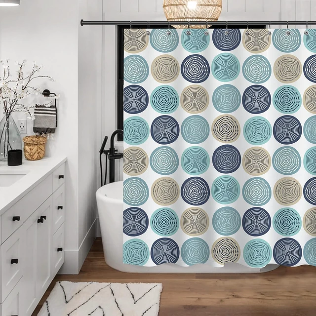 Alt view image 3 of 7 - Abstract Tree Rings Woody Artistic Fabric Shower Curtain. Nature Pale Blue Teal Beige Light Brown