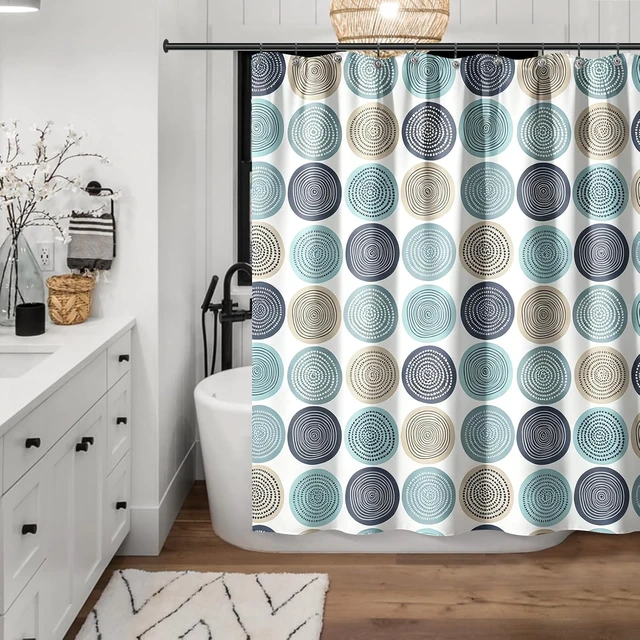 Alt view image 4 of 7 - Abstract Tree Rings Woody Artistic Fabric Shower Curtain. Nature Pale Blue Teal Beige Light Brown