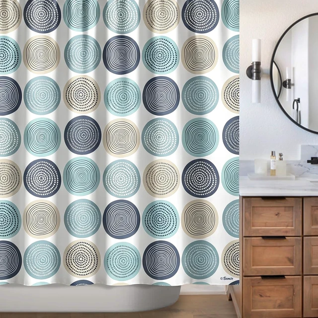 Alt view image 6 of 7 - Abstract Tree Rings Woody Artistic Fabric Shower Curtain. Nature Pale Blue Teal Beige Light Brown