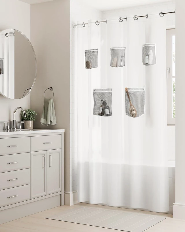 Main image of Frosty, 71 x 74, Heavyweight 8g PEVA Instacurtain for Bathroom with Gray Built-in Rustproof Rings, Frosty No Hook 3-in-1 Waterproof Shower Curtain with 5 Storage Pockets