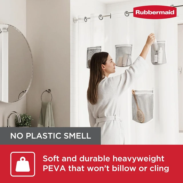 Alt view image 2 of 7 - Frosty, 71 x 74, Heavyweight 8g PEVA Instacurtain for Bathroom with Gray Built-in Rustproof Rings, Frosty No Hook 3-in-1 Waterproof Shower Curtain with 5 Storage Pockets