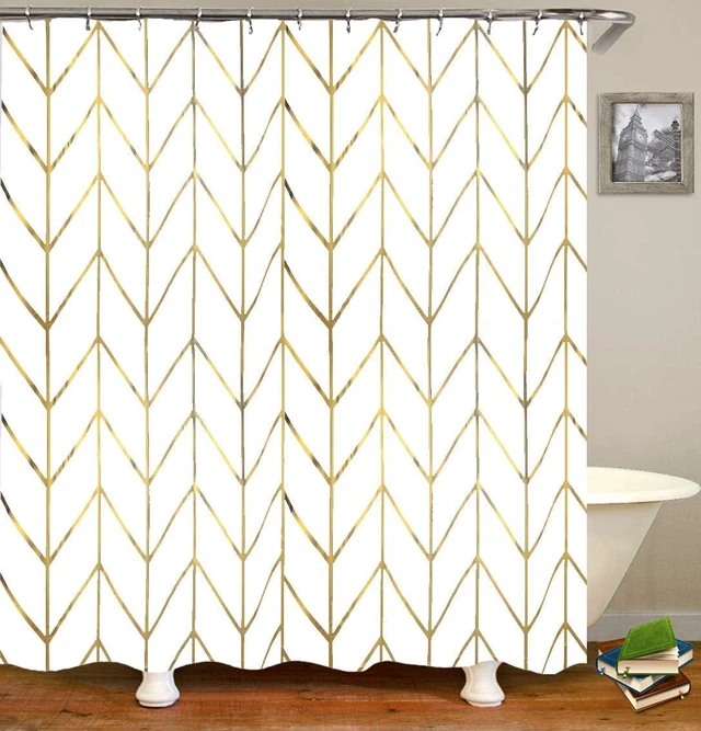 Main image of Bathroom Decor (Golden Stripes), 72" x 72", White Fabric, Gold Shower Curtain Hooks/Rings, Geometric Pattern, JTMall Shower Curtain with Gold Chevron