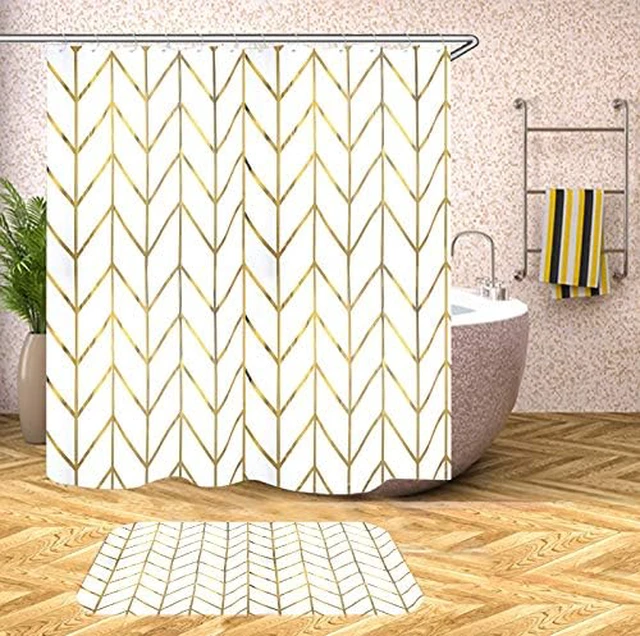 Alt view image 2 of 6 - Bathroom Decor (Golden Stripes), 72" x 72", White Fabric, Gold Shower Curtain Hooks/Rings, Geometric Pattern, JTMall Shower Curtain with Gold Chevron