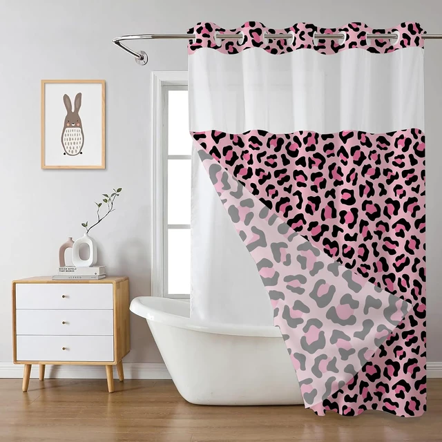 Alt view image 3 of 7 - Hookless Shower Curtain Pink Leopard Shower Curtain with Liner