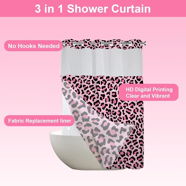 Alt view image 4 of 7 - Hookless Shower Curtain Pink Leopard Shower Curtain with Liner