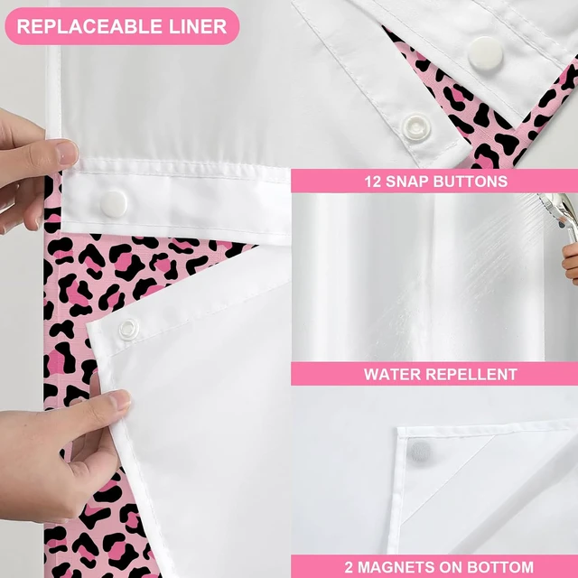 Alt view image 7 of 7 - Hookless Shower Curtain Pink Leopard Shower Curtain with Liner