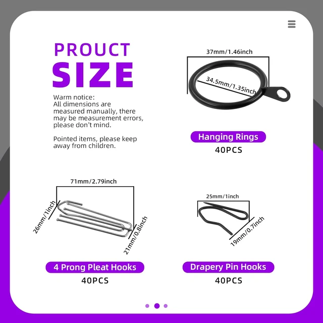 Alt view image 2 of 7 - Shower Curtain, 120Pcs Black 1.35 Inch - 30mm Metal Drapery Curtain Rings Curtain Hanging Rings and Stainless Steel 4 Prongs Pinch Pleat Hook with Drapery Curtain Pin-on Hooks Pins for Window