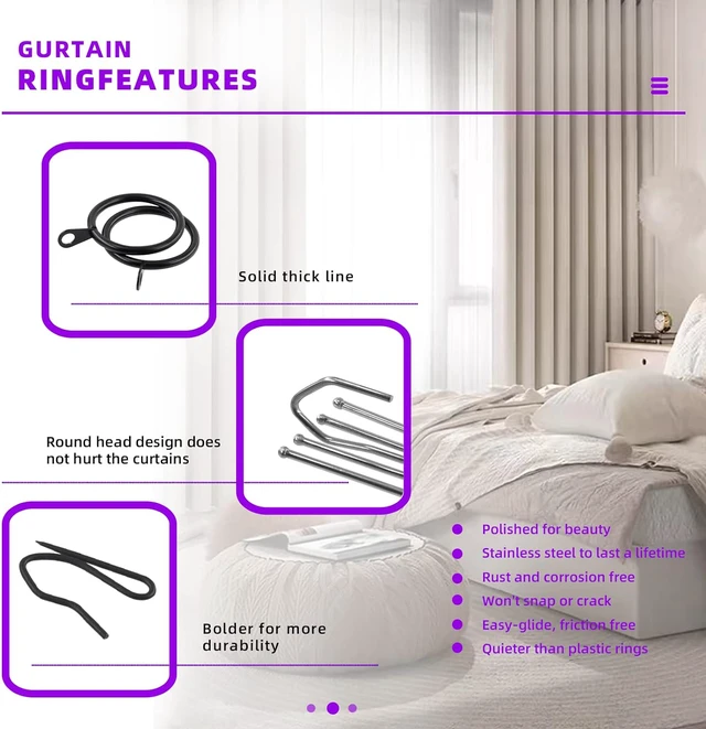 Alt view image 3 of 7 - Shower Curtain, 120Pcs Black 1.35 Inch - 30mm Metal Drapery Curtain Rings Curtain Hanging Rings and Stainless Steel 4 Prongs Pinch Pleat Hook with Drapery Curtain Pin-on Hooks Pins for Window