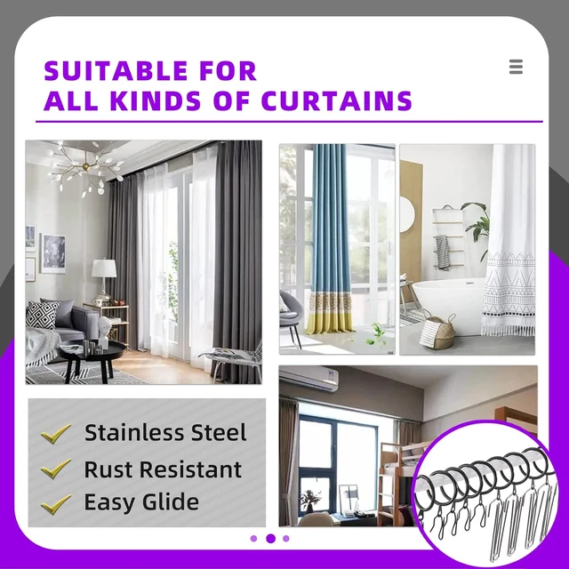 Alt view image 4 of 7 - Shower Curtain, 120Pcs Black 1.35 Inch - 30mm Metal Drapery Curtain Rings Curtain Hanging Rings and Stainless Steel 4 Prongs Pinch Pleat Hook with Drapery Curtain Pin-on Hooks Pins for Window