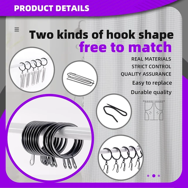 Alt view image 5 of 7 - Shower Curtain, 120Pcs Black 1.35 Inch - 30mm Metal Drapery Curtain Rings Curtain Hanging Rings and Stainless Steel 4 Prongs Pinch Pleat Hook with Drapery Curtain Pin-on Hooks Pins for Window